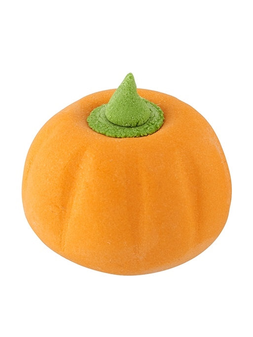 Standing 3D royal icing pumpkin decoration with a rounded orange shape, gently defined ridges, and a raised green stem.