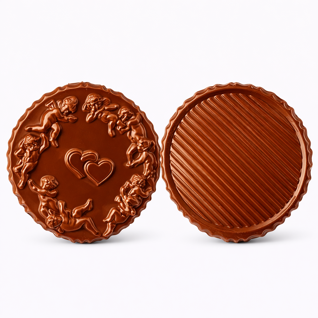 Top and tray views of a round 3D chocolate pour box shown side by side, with one side featuring a ring of cherubs surrounding two hearts in the center, and the other side showing a smooth round surface with diagonal stripe detailing.