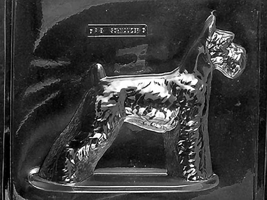 Clear plastic chocolate mold showing the matching back half of a schnauzer with tail and rear body contours, designed to pair with the front half for a complete 3D chocolate dog.