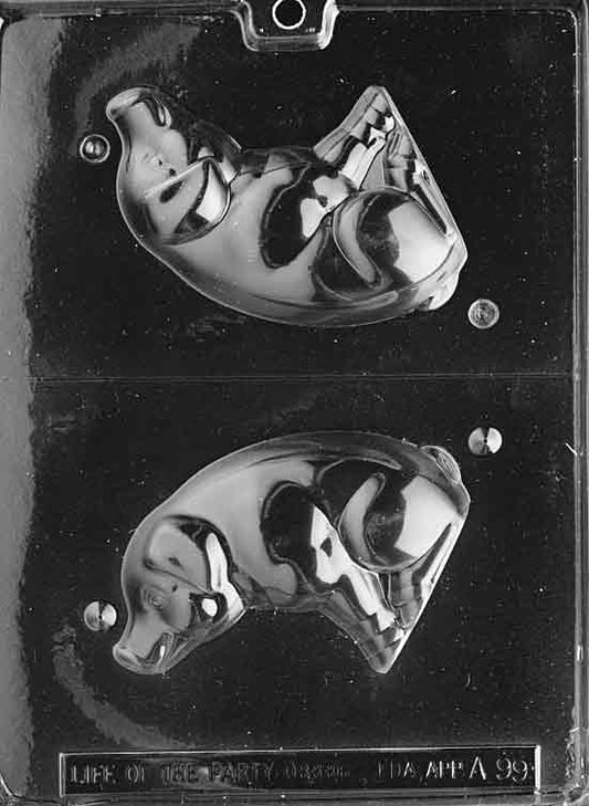 Clear two-cavity chocolate mold forming a seated pig figurine; round belly, curved back, and perky snout visible in each half. Creates a 3D pig about 4" x 3.5".