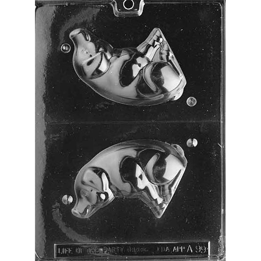 Clear plastic 3D chocolate mold with two large seated pig cavities separated by a center cut line, showing the pig’s rounded body, snout, ears, and curled tail.