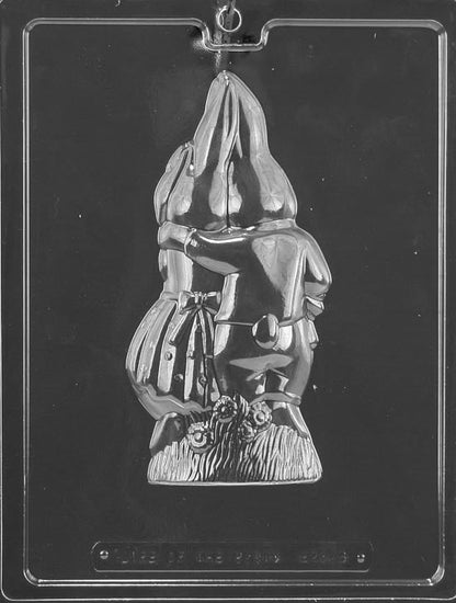 Clear plastic chocolate mold showing the back half of a cuddling bunny couple, with rounded contours, tail details, and a small floral accent at the base.