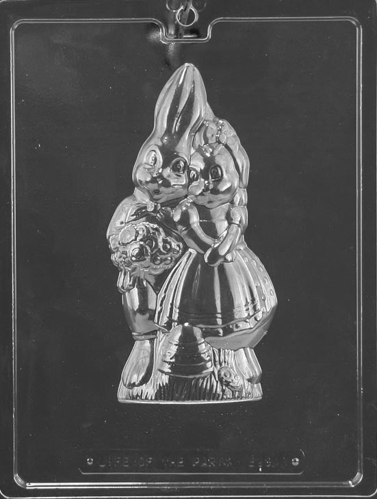 Clear plastic chocolate mold showing the front half of two snuggly bunnies standing together, with raised facial details, a bouquet accent, and clothing textures.