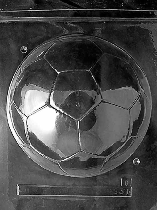 Clear plastic chocolate mold showing the matching half-sphere soccer ball cavity with the same embossed panel design, made to pair with the first half for a complete 3D ball.