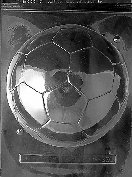 Clear plastic chocolate mold showing a half-sphere soccer ball cavity with embossed pentagon and hexagon panel pattern for forming one side of a 3D chocolate soccer ball.