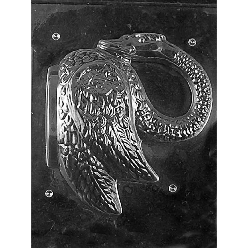Clear 3D curved neck swan chocolate mold half on dark background, showing textured wings and flowing neck for detailed swan centerpiece candy making.