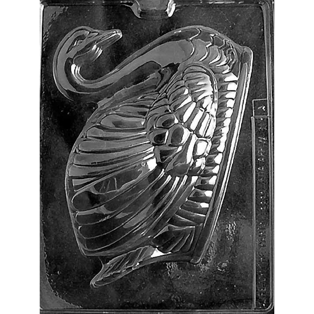Close-up of clear traditional swan 3D chocolate mold half on dark background, showing curved neck and detailed layered feathers for centerpiece candy making.