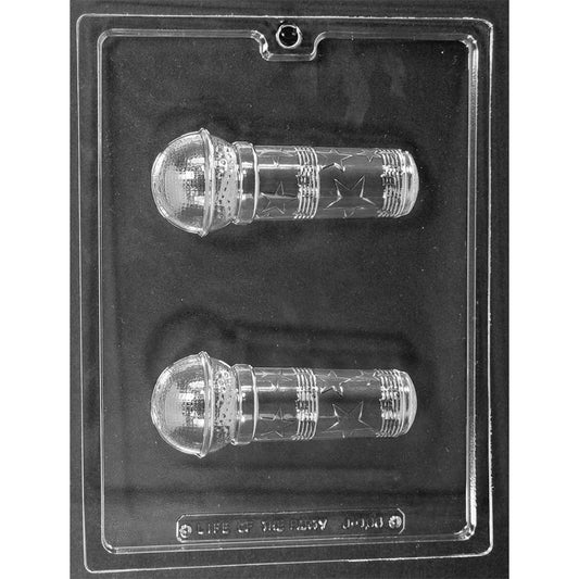 Clear plastic 3D Microphone Chocolate Mold with two matching half cavities featuring rounded heads, ridged bands, and stars along the handles