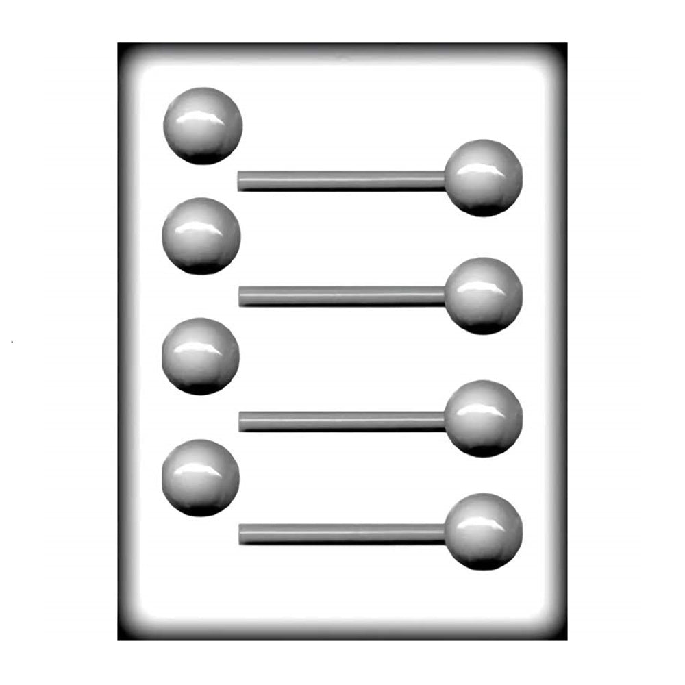 An image showing a plastic candy mold with eight cavities, each designed to shape candy into a spherical lollipop on a stick. The mold is designed to create four pairs of lollipops, with each pair connected by a common stem. The spheres appear to vary slightly in size, and the overall layout is symmetrical and evenly spaced to facilitate easy filling and removal of the candies once set.