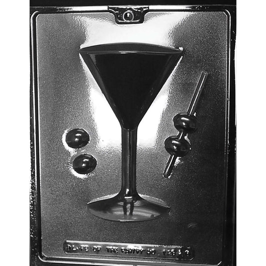 Clear plastic chocolate mold featuring a large martini glass, two olive shapes, and a cocktail pick with two olives, designed for making cocktail-themed chocolates.