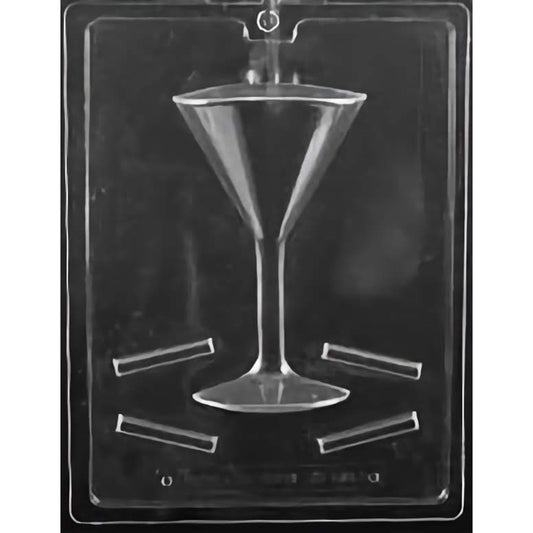 Clear plastic chocolate mold with a single large martini glass in the center and four separate horizontal lines at the bottom, ideal for making a large chocolate martini shape.
