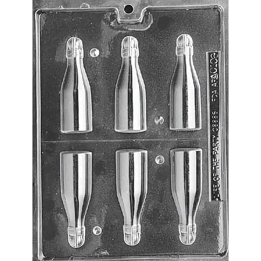 Clear plastic chocolate mold featuring six cavities shaped like champagne bottles, arranged in two columns and three rows. Each cavity is designed to create detailed, miniature champagne bottle chocolates with a smooth, glossy finish.