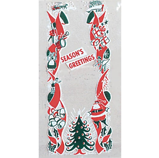 A festive Christmas bread bag featuring a 'Season's Greetings' message in the center, flanked by two vertical borders decorated with red and green Christmas stockings, gifts, and candy canes. At the bottom, a green Christmas tree adds a focal point to the design. The bag's background is a snowy grey, giving it a wintry feel.