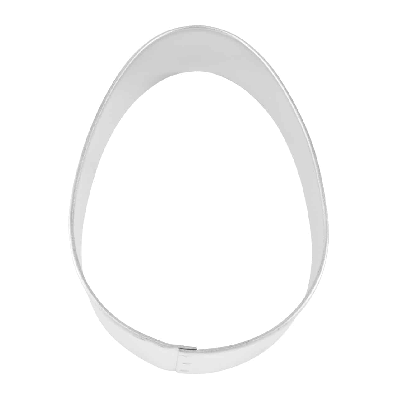 3-inch egg cookie cutter made from durable metal, featuring a smooth oval shape for precise cookie cutting.