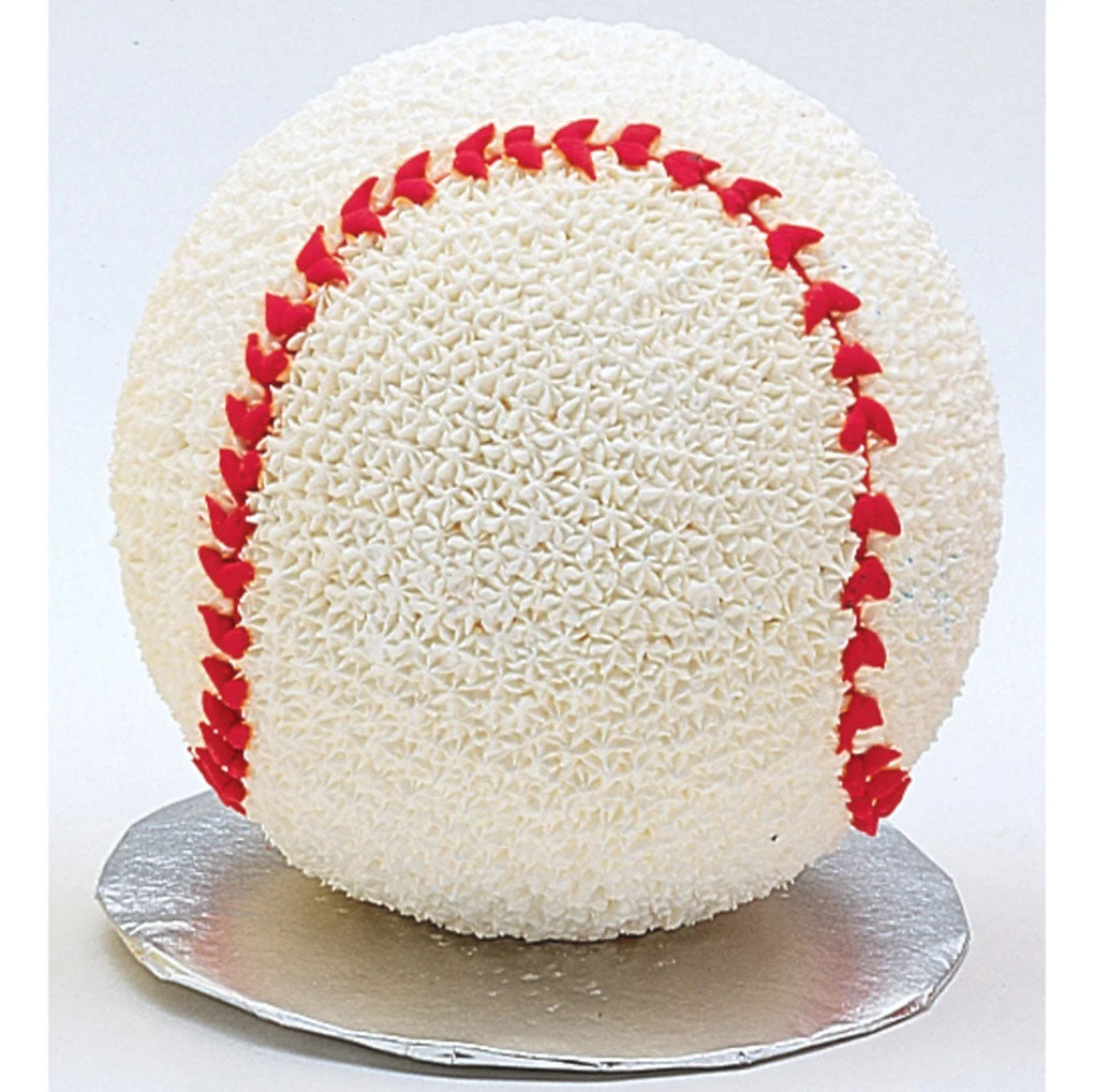 Six-inch 3D baseball cake covered in white frosting with red piped stitching, made with the Wilton Ball Cake Pan Set
