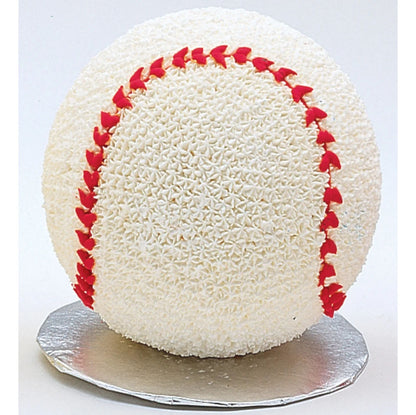 Six-inch 3D baseball cake covered in white frosting with red piped stitching, made with the Wilton Ball Cake Pan Set