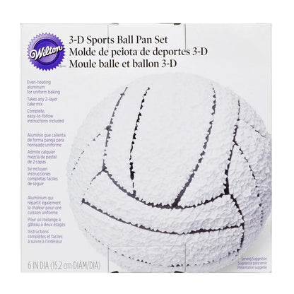 Wilton 3-D Sports Ball Pan Set retail package featuring a decorated 6-inch basketball cake