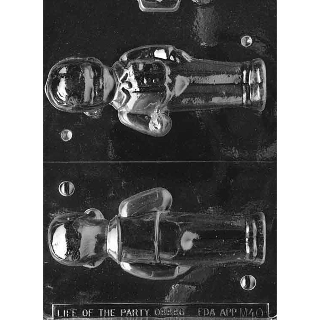 Two-part 3D boy in suit chocolate mold with front and back cavities featuring clasped hands, a bow tie, jacket, trousers, and shoes.