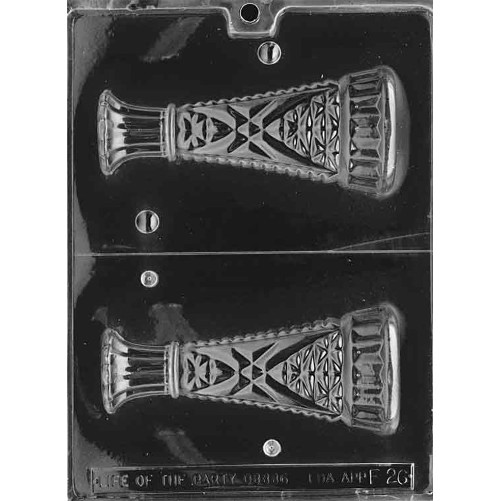 Two-cavity 3D bud vase chocolate mold with matching halves, raised floral and geometric panels, and a 6-inch finished height