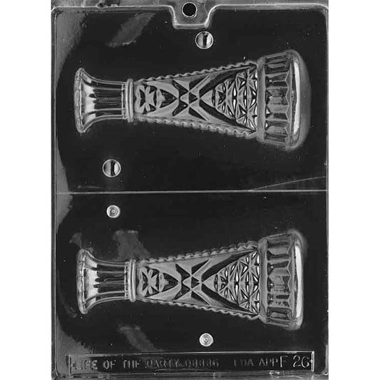 Two-cavity 3D bud vase chocolate mold with matching halves, raised floral and geometric panels, and a 6-inch finished height