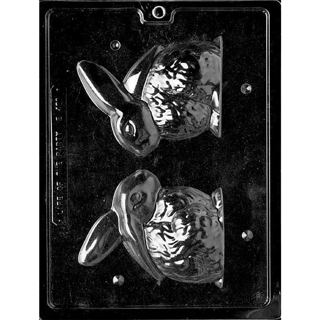 Two-part 3D bunny chocolate mold with front and back cavities, long ears, and textured fur for a 4 3/4-inch hollow Easter bunny