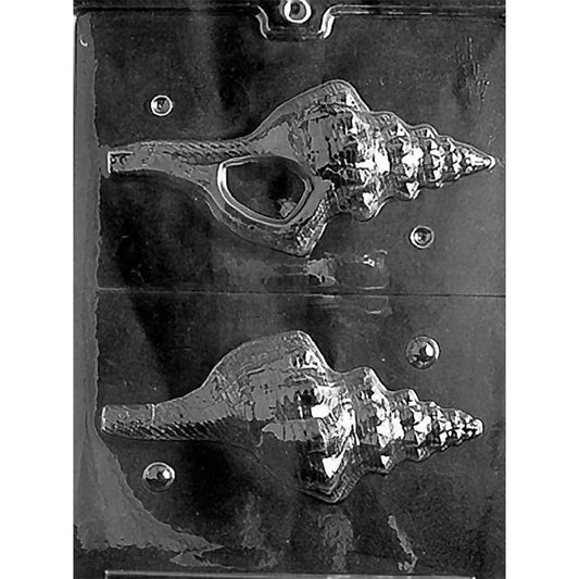 Clear plastic 3D conch shell chocolate mold with two complementary shell-half cavities featuring a pointed spiral, raised ridges, and wide opening