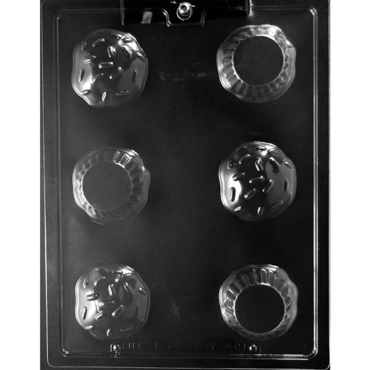 Clear plastic 3D Cupcakes Chocolate Mold with six cavities forming three fluted cupcake bases and three rounded frosting tops with sprinkles