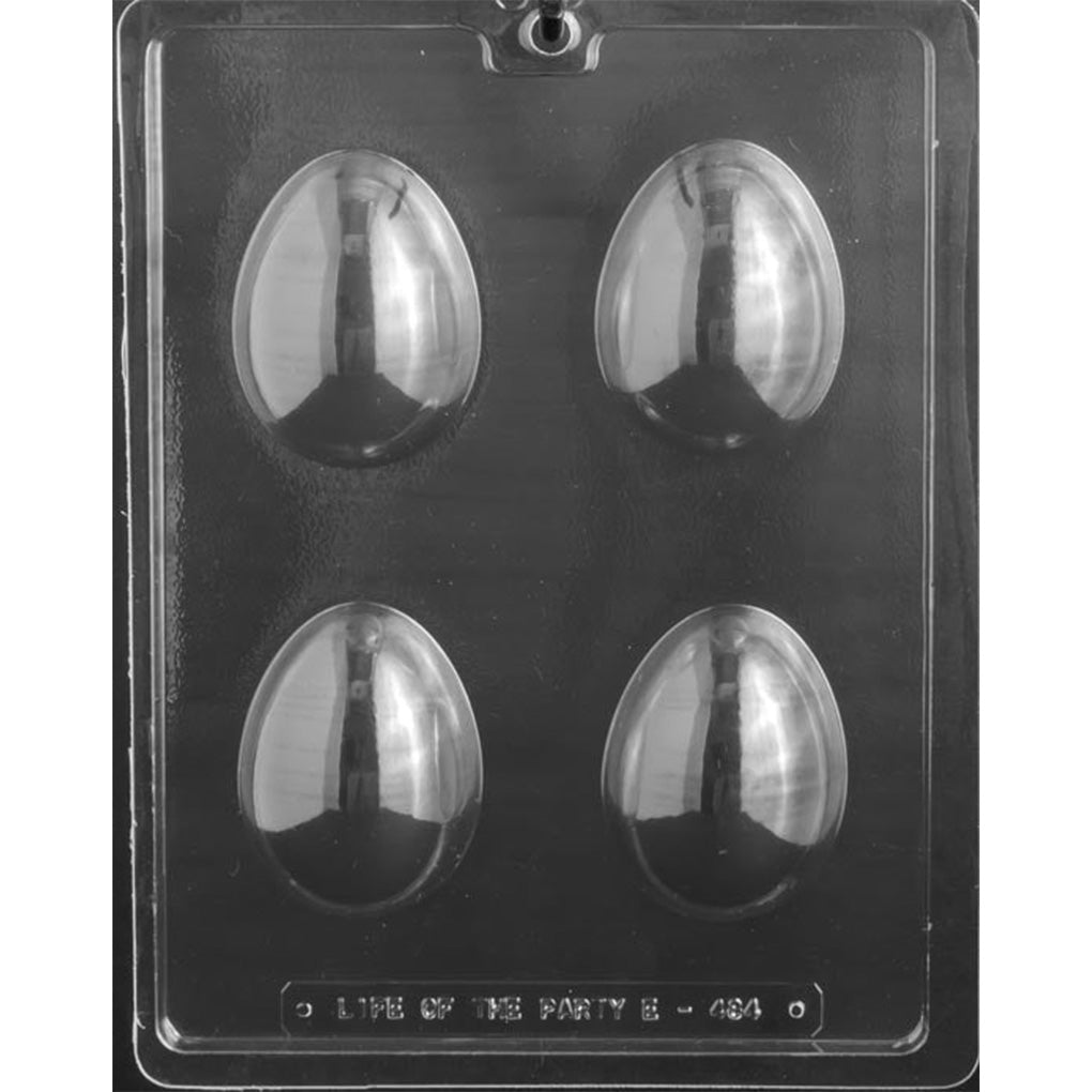 3D egg chocolate mold with four smooth half-egg cavities measuring 3" x 2¼" x 1" deep, producing two assembled eggs approximately 2" thick