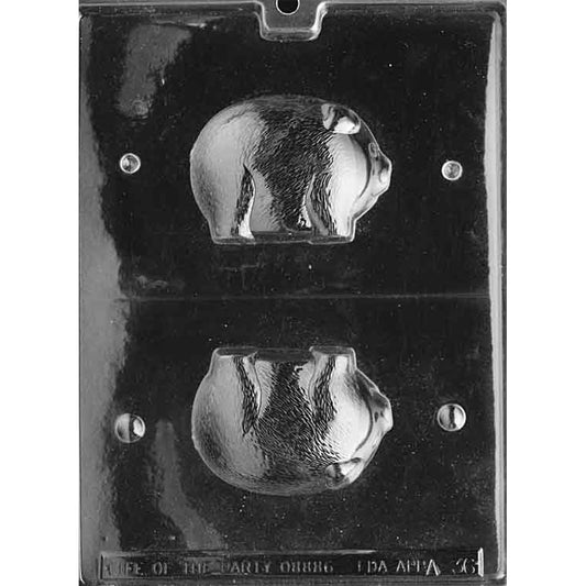 Clear Fat 3D Pig Chocolate Mold photographed against a black background with 2 matching pig halves featuring a rounded body, snout, ears, legs, and textured hide for making one complete 3D chocolate pig.