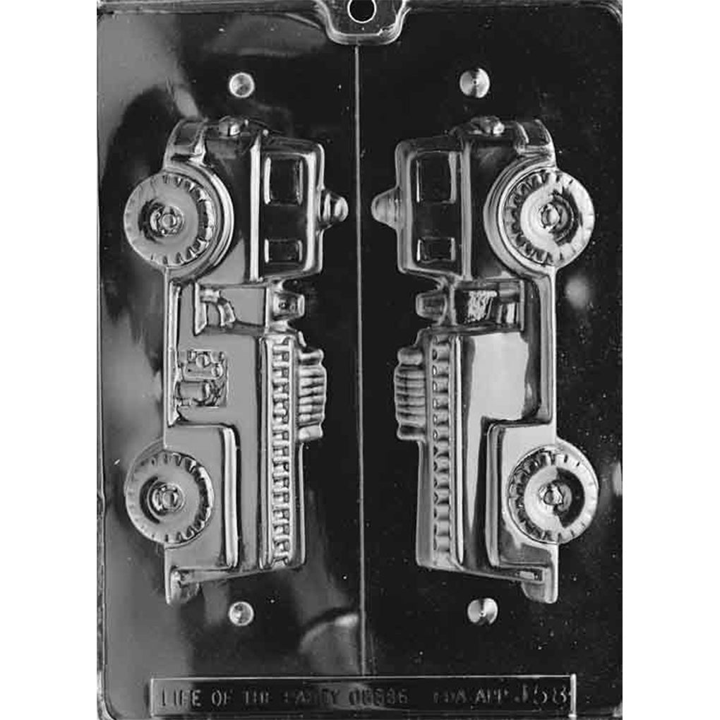 Clear plastic 3D Fire Truck Chocolate Mold with two mirrored fire engine halves featuring wheels, a ladder, cab windows, lights, and equipment