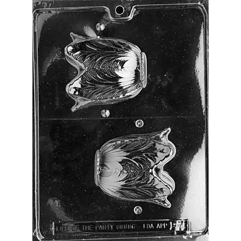 Two-cavity LPF071 3D flower dessert cup chocolate mold with complementary veined tulip halves, each approximately 3 3/8 x 3 1/2 x 1 1/4 inches