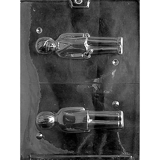 Two-cavity 3D groom chocolate mold with detailed front and back tuxedo halves for making one 5 x 1 1/2 x 1 1/8-inch standing groom