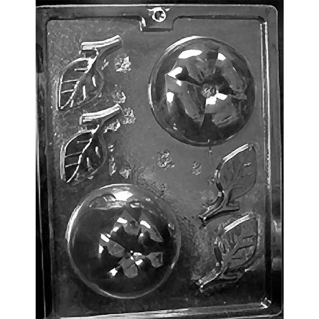 Six-cavity 3D large apple chocolate mold with two rounded 3-inch apple halves and four detailed leaf accents