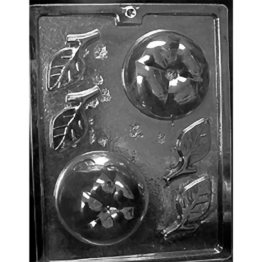Six-cavity 3D large apple chocolate mold with two rounded 3-inch apple halves and four detailed leaf accents