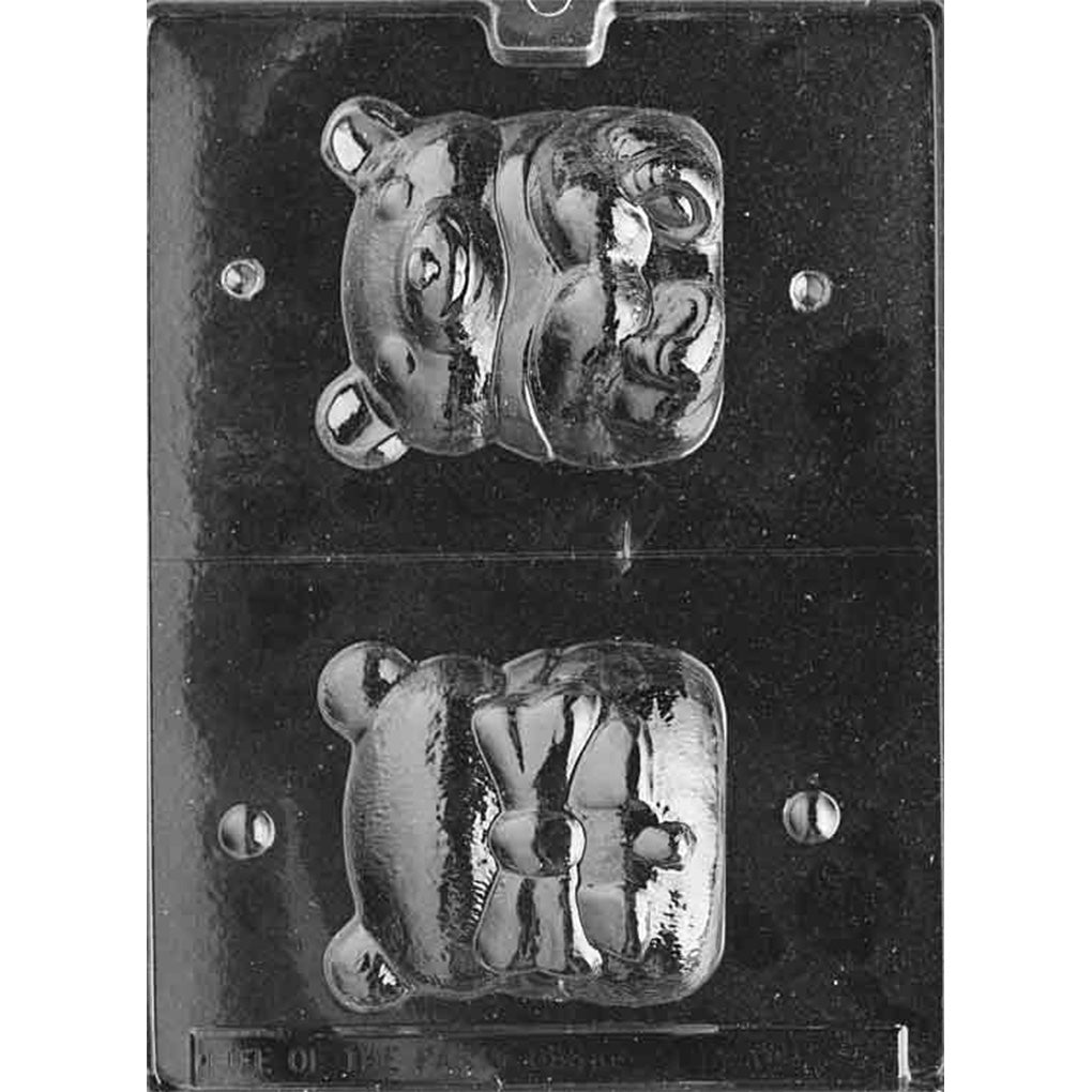 Clear two-cavity 3D panda chocolate mold with separate front and back halves, showing a seated panda with rounded ears, smiling face, paws, feet, and a large bow.