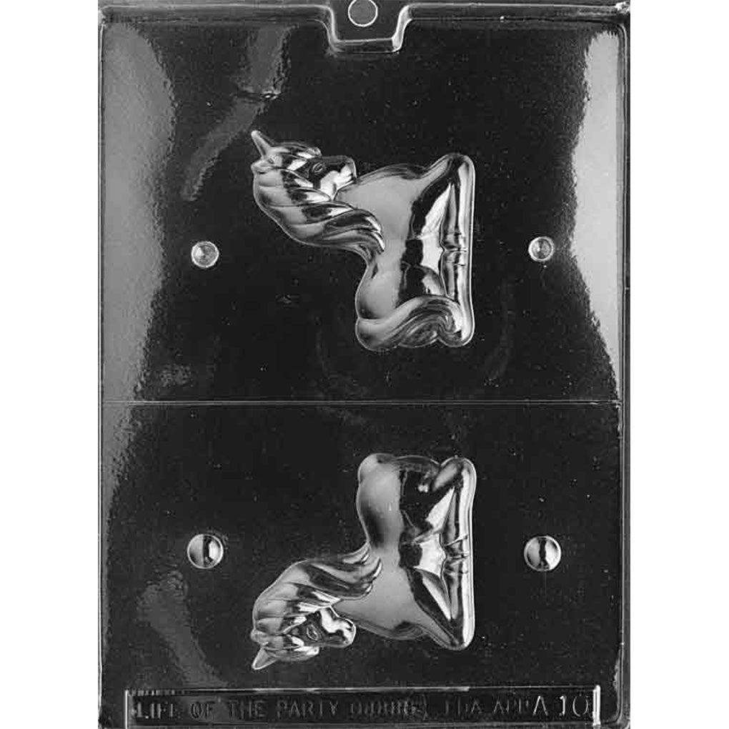 Two-cavity 3D reclining unicorn chocolate mold with mirrored halves, horn, flowing mane, curled tail, and folded legs, making one 3 x 3-inch figure