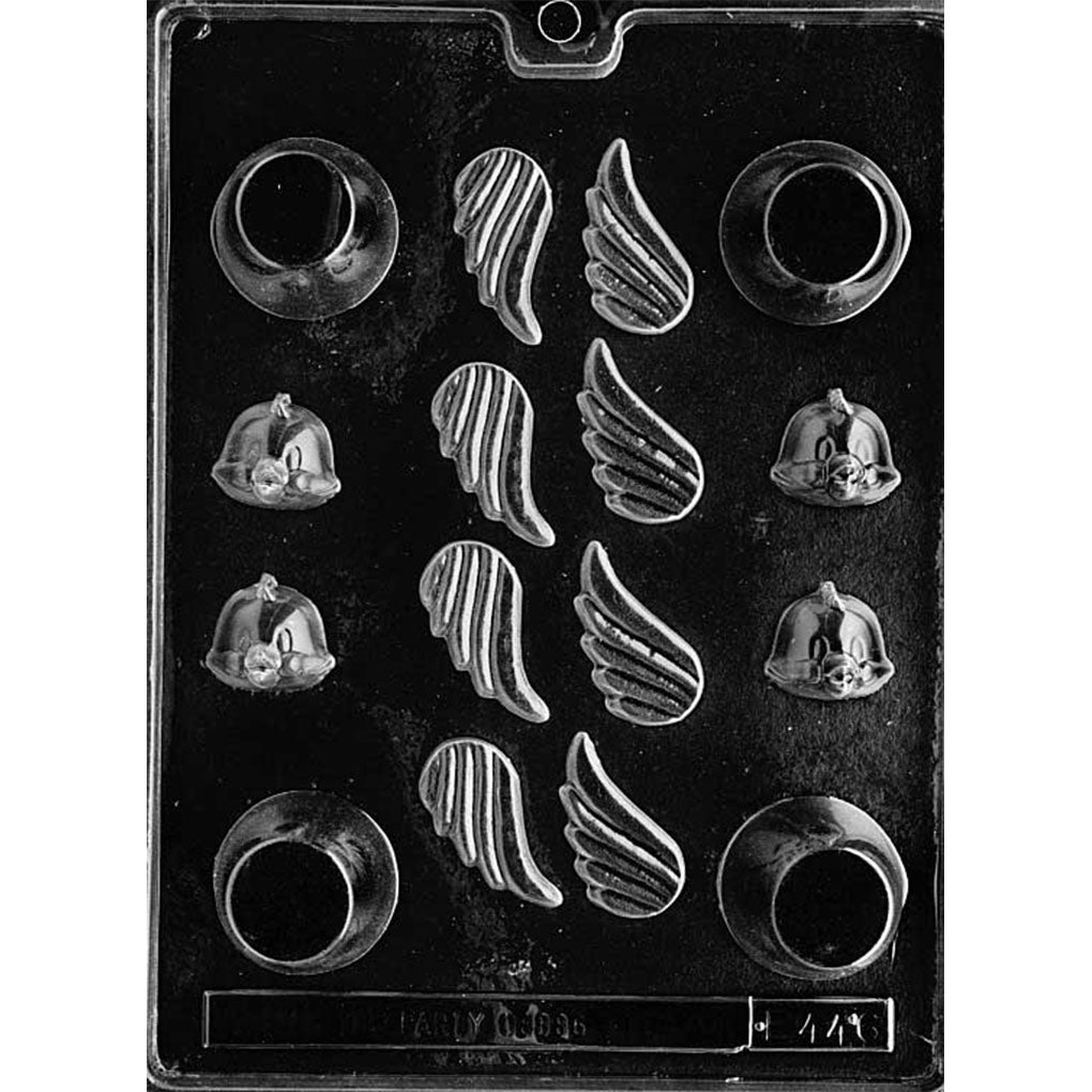 Clear plastic 3D Marshmallow Chick Chocolate Mold with 16 cavities for four rounded bodies, four chick faces, and eight feathered wings