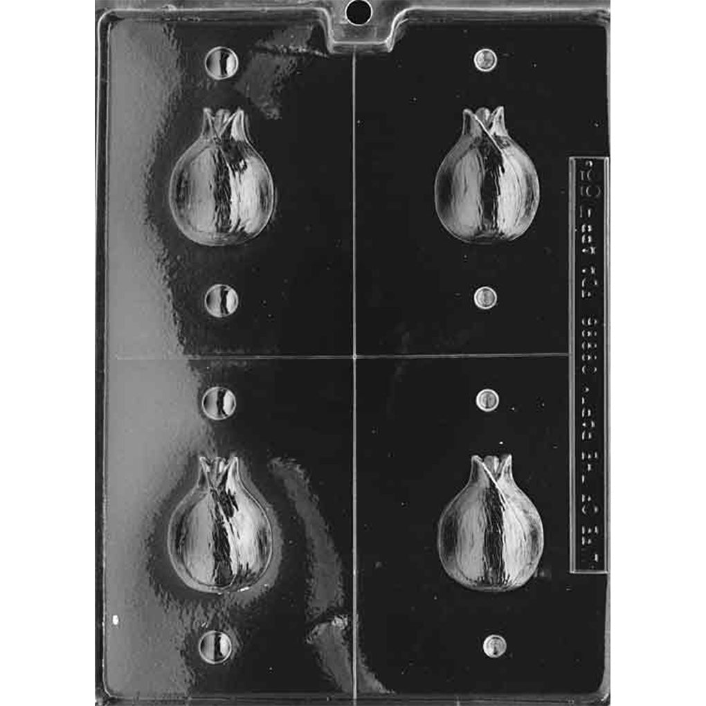 Clear plastic 3D miniature onion chocolate mold with four half-onion cavities and alignment guides for making two assembled chocolate bulbs