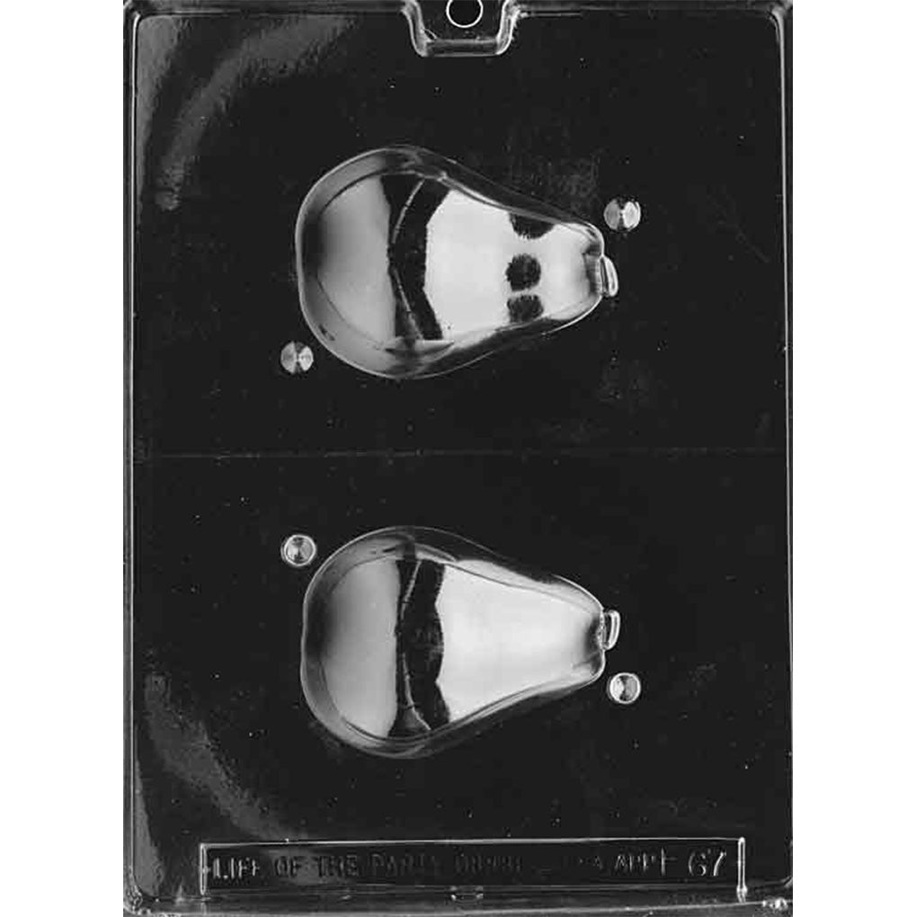 Chocolate mold with two matching deep pear-half cavities used together to create one 3D pear measuring 2 1/2 inches in diameter by 3 1/2 inches tall.