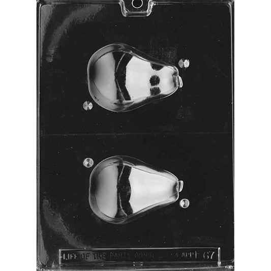 Chocolate mold with two matching deep pear-half cavities used together to create one 3D pear measuring 2 1/2 inches in diameter by 3 1/2 inches tall.