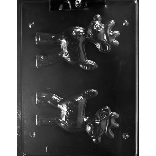 Clear plastic 3D chocolate mold photographed on a dark background with two reindeer halves, showing a standing reindeer with antlers, legs, and a rounded nose.