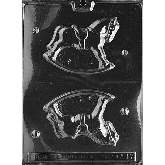 3D rocking horse chocolate mold with two matching half cavities featuring a saddle, bridle, mane, legs, and curved rocker; assembled size approximately 4 1/2 x 3 1/2 inches