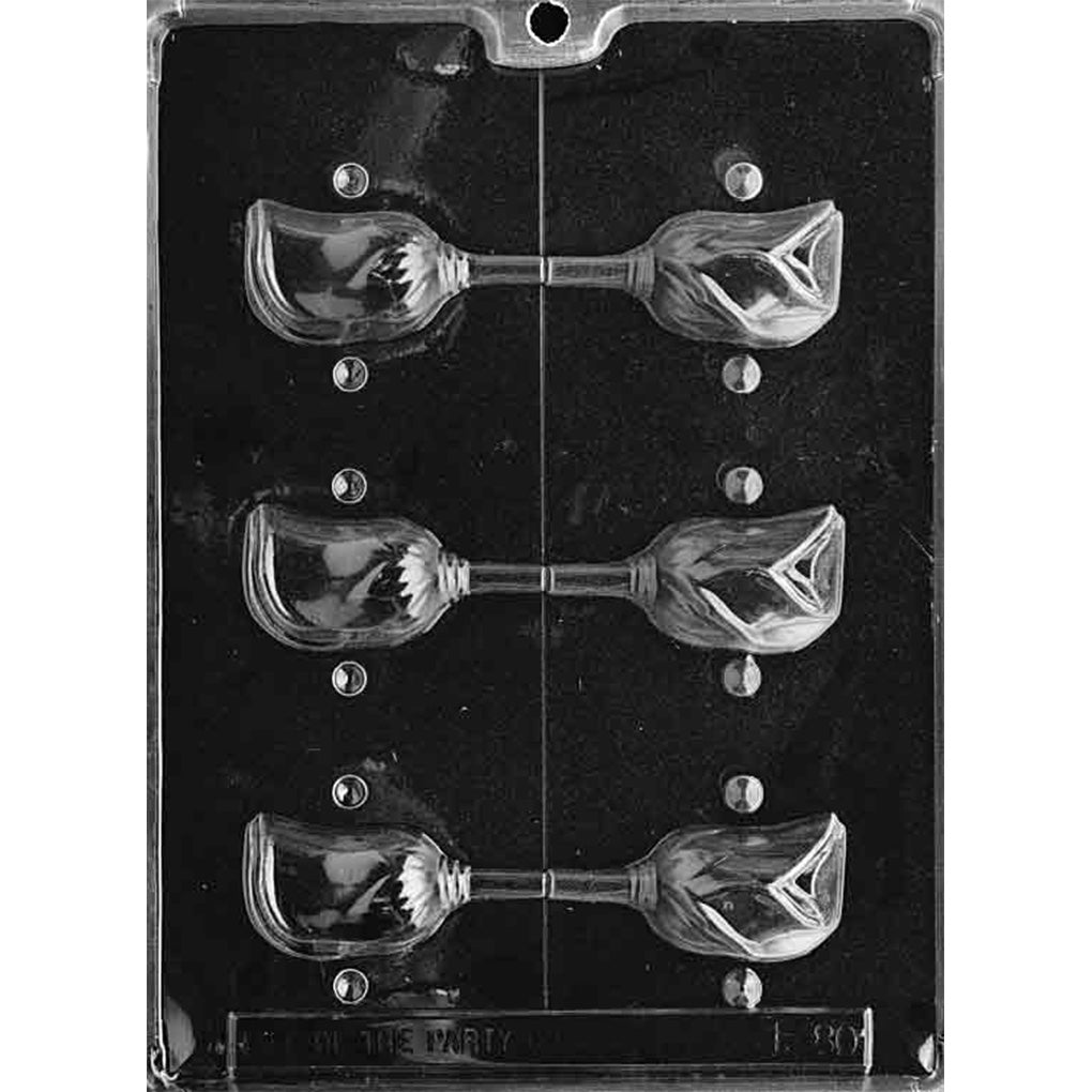 Clear chocolate mold with six cavities arranged as three matching pairs for making full 3D roses with short stems, separated by a center cutting line.