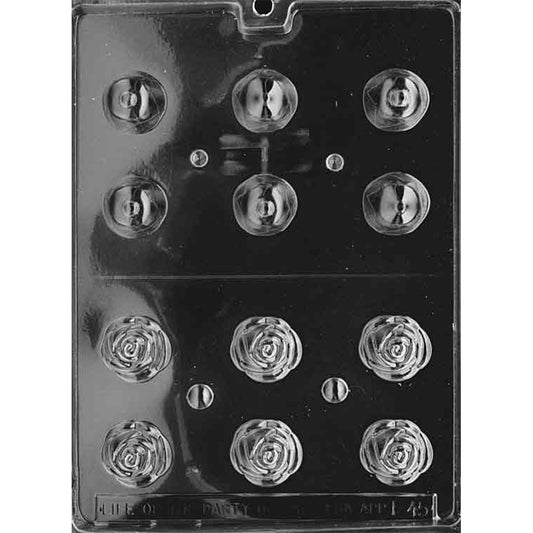 Twelve-cavity 3D rose chocolate mold with six detailed blossom tops and six rounded bottoms for making six assembled 1 1/4-inch roses