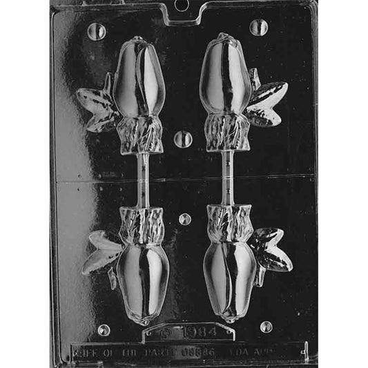 Four-cavity two-piece 3D rosebud chocolate lollipop mold for making two solid rose pops with leaves and built-in stick channels