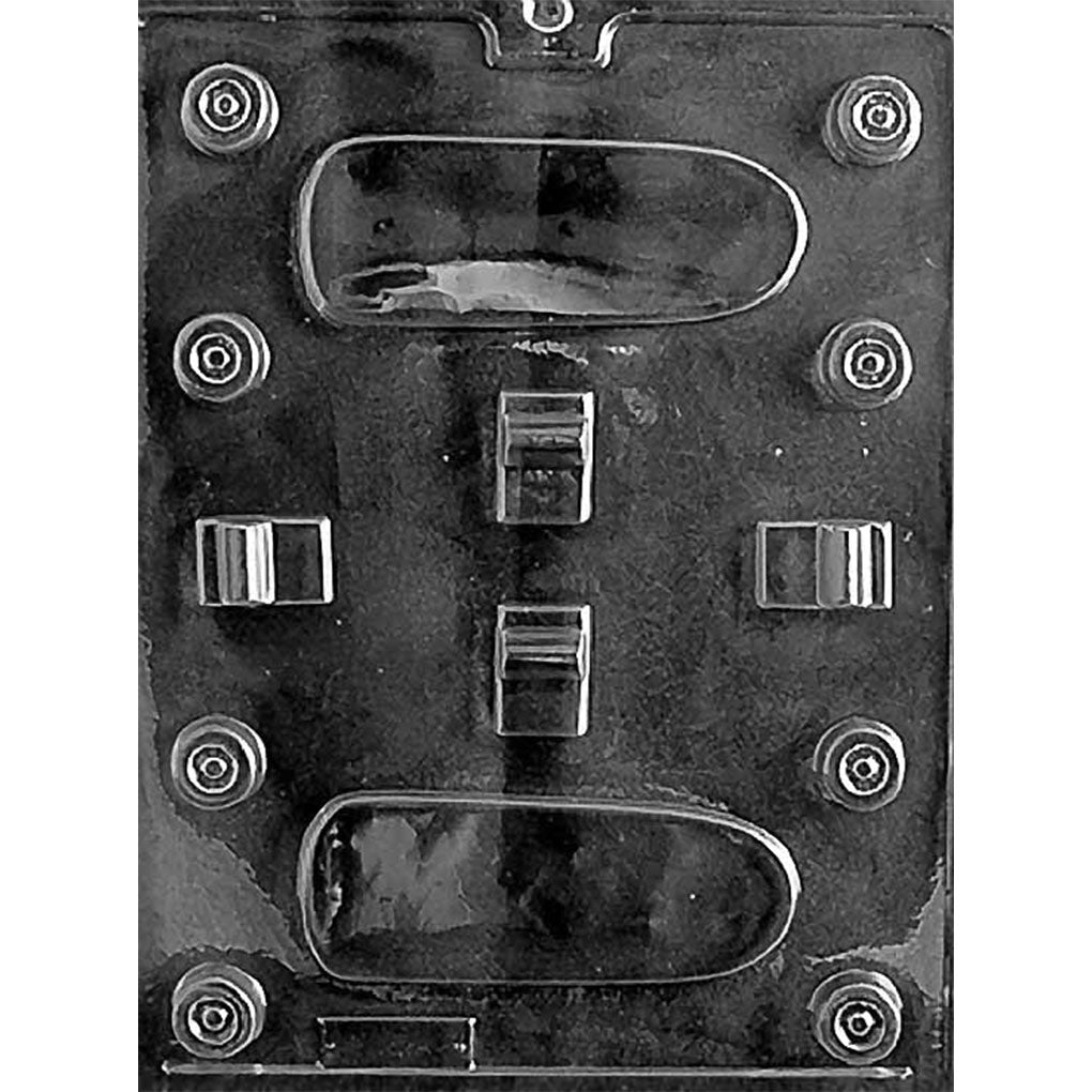 Multipart 3D skateboard chocolate mold with deck halves, wheel halves, and support pieces for assembling one freestanding 4 1/2-inch skateboard