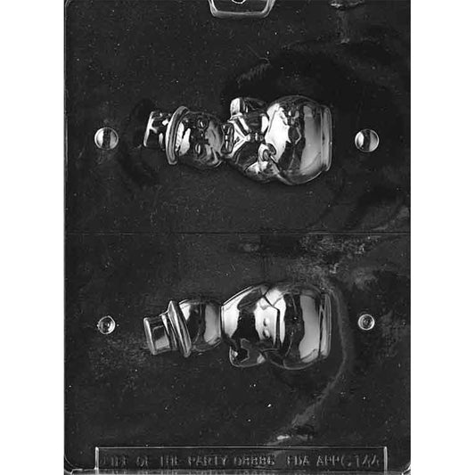 Clear 3D snowman with top hat chocolate mold on dark backing, showing two halves that form a round snowman with scarf and buttons for winter candy making.