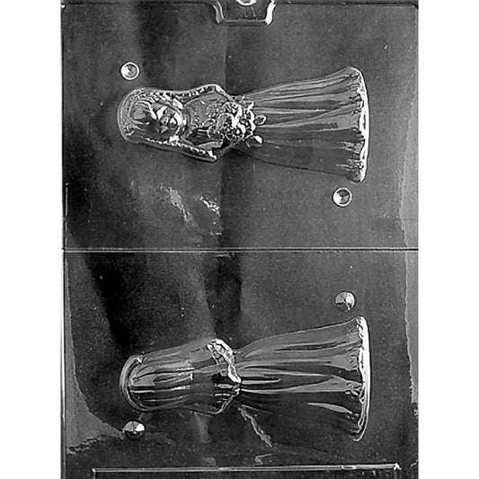 3D standing bride chocolate mold with two cavities for a freestanding bride figure with gown, veil, and bouquet details