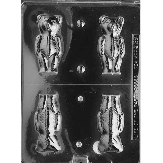 Four-cavity 3D standing teddy bear chocolate mold with two detailed fronts and two matching backs for assembling two 3 5/8-inch bears