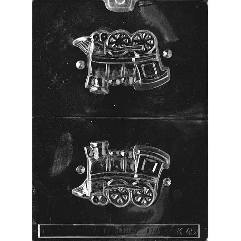 Two-piece 3D Choo Choo Train Engine chocolate mold K45 with opposing engine halves, spoked wheels, smokestack, cab, connecting rods, and cowcatcher.